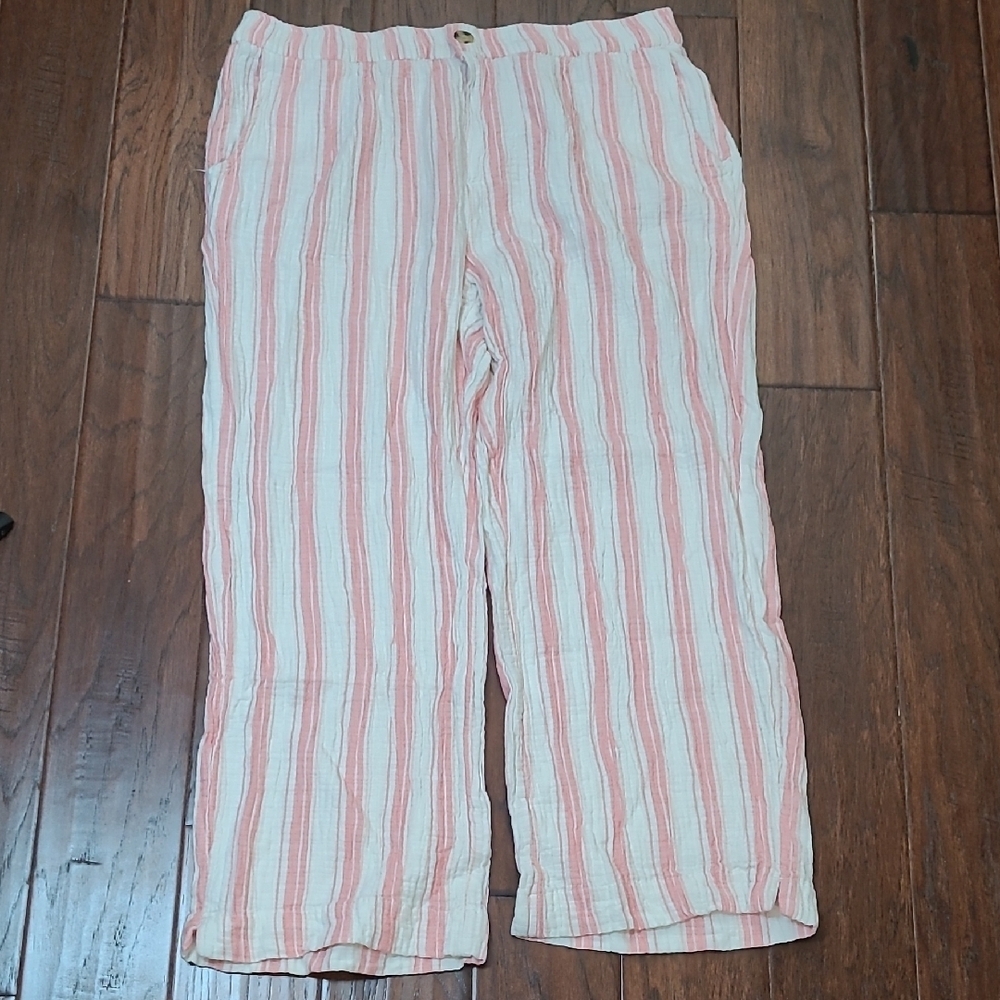 Wonderly Pink & White Striped Wideleg Crinkled Textured Pullon Pants size XL